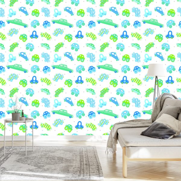 Behang Voor Kinderen - Blauw - Groene Auto's - Afbeelding 3
