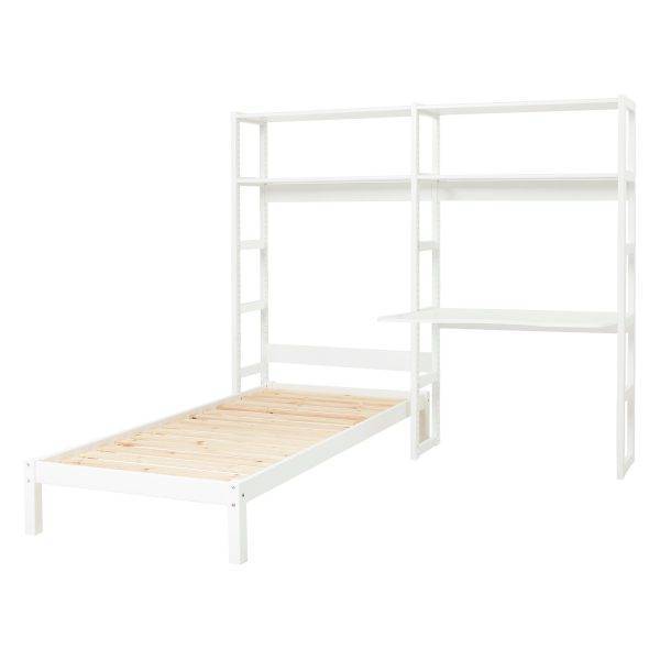 Hoppekids STOREY boekenplank met 2 secties, 4 planken, bed 90x200 cm en bureau 100 cm, Wit