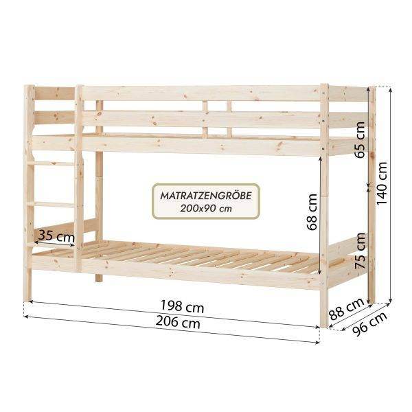 ECO Comfort stapelbed 90x200 cm met lattenbodem & schuimmatras, Naturel - Afbeelding 3