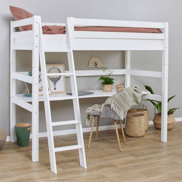 Hoppekids ECO Luxury hoogslaper 90x200 cm met bureau en schuine ladder, Flexibel lattenbodem, Wit - Afbeelding 2