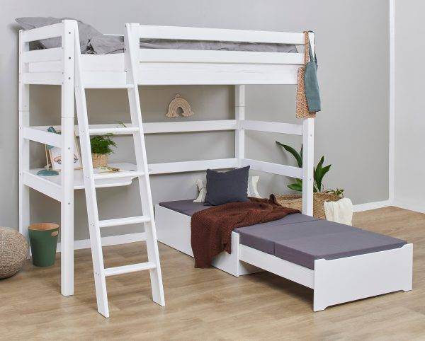 Hoppekids ECO Luxury MEGA bed 90x200 cm met schuine ladder, lounge-module en bureau, Flexibel lattenbodem, Wit - Afbeelding 4