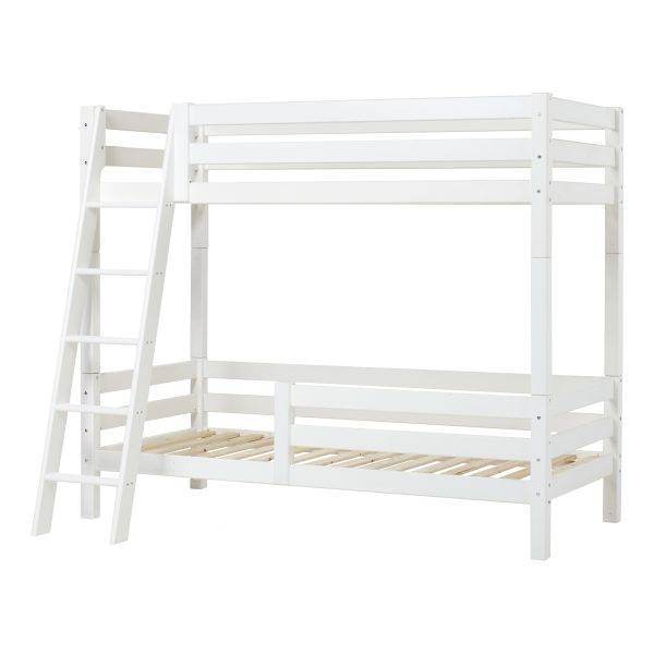 Hoppekids ECO Luxury hoog stapelbed met flexibele lattenbodem, schuine ladder, rugleuning en 1/2 bedhekje 90x200 cm, Wit