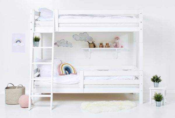 Hoppekids ECO Luxury hoog stapelbed 120x200 cm met rugleuning, bedhekje op het onderste bed en schuine ladder, Wit - Afbeelding 2