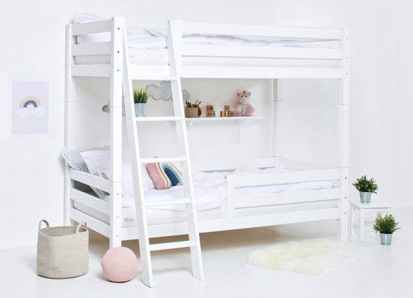 Hoppekids ECO Luxury hoog stapelbed met flexibele lattenbodem, schuine ladder, rugleuning en 1/2 bedhekje 90x200 cm, Wit - Afbeelding 2