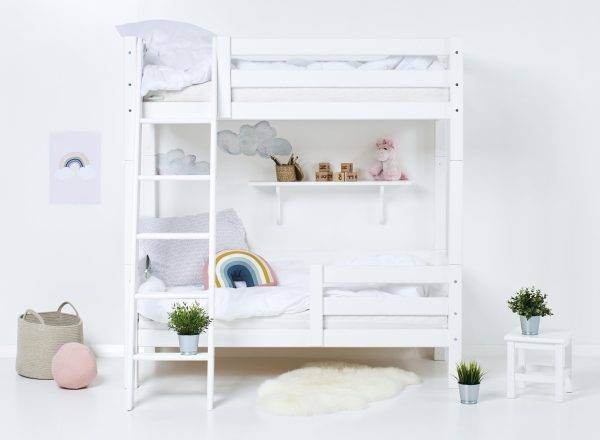 Hoppekids ECO Luxury hoog stapelbed 70x160 cm met rugleuning, bedhekje op het onderste bed en schuine ladder, Wit - Afbeelding 2