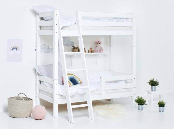 Hoppekids ECO Luxury hoog stapelbed 70x160 cm met rugleuning, bedhekje op het onderste bed en schuine ladder, Wit - Afbeelding 3