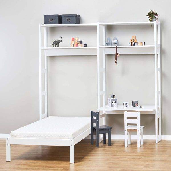 Hoppekids STOREY boekenplank met 2 secties, 4 planken, bed 70x160 cm en bureau 80 cm, Wit - Afbeelding 2