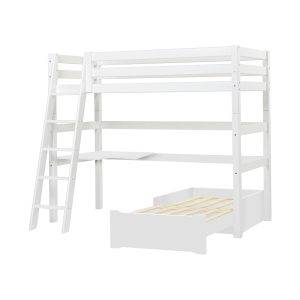 Hoppekids ECO Luxury MEGA bed 90x200 cm met schuine ladder, lounge-module en bureau, Flexibel lattenbodem, Wit